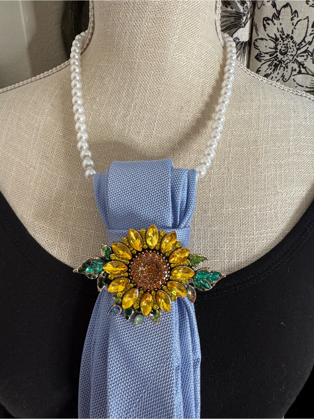 Statement Tie Necklace featuring a Sunflower Crystal Brooch - Picture 2 of 2